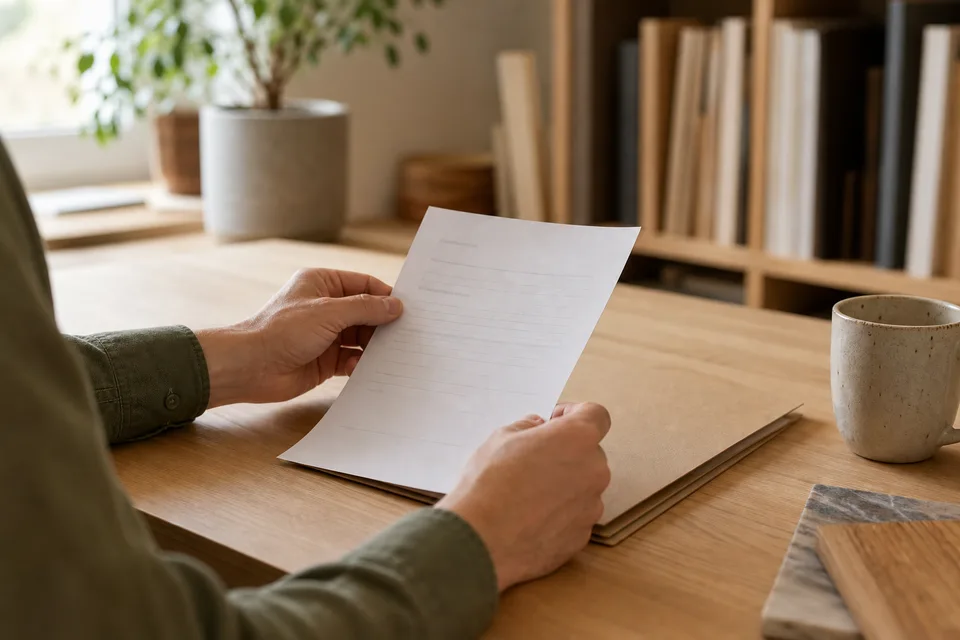 En person leser et generisk skjema ved et ryddig skrivebord